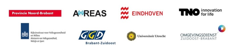 De 8 logo's van de initiatiefnemende partners Regionaal Meetnet: AiREAS, gemeente Eindhoven, Provincie Noord-Brabant, GGD, RIVM, TNO, Universiteit Utrecht en Omgevingsdienst Zuidoost-Brabant