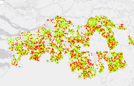 Kaart van Brabant met stippen van locaties veehouderijen